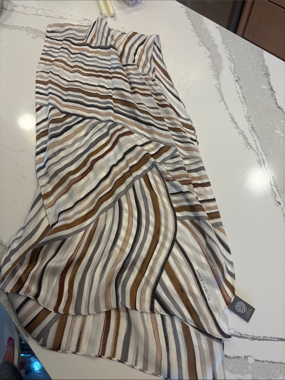 Vince Camuto Striped Asymmetrical Midi Scarf  in White, Brown & Gray 66 by 17